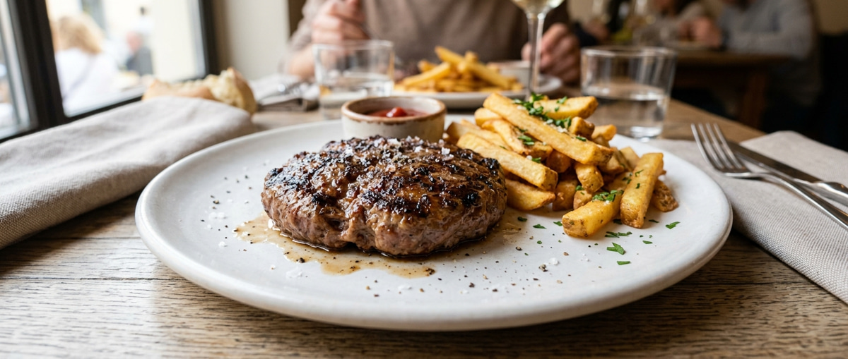 hamburger di chianina 200 g senza panino su un piatto bianco semplice, carne alla griglia succosa, servito con patatine fritte croccanti